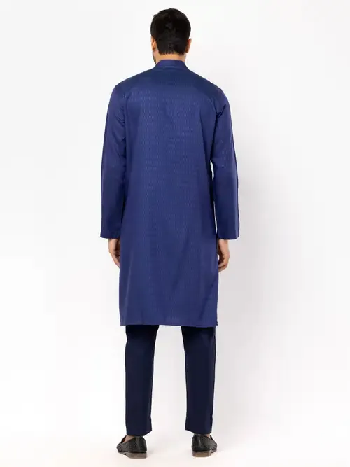 Blue Textured and Printed Viscose-Cotton Panjabi Pajama Set